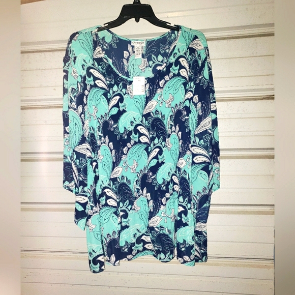 Plus Size 5X 34/36 New Catherines blouse Paisely Print shirt top blue - Picture 1 of 7